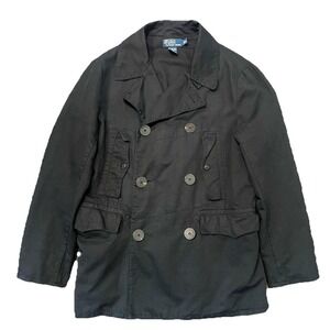 Vintage Polo Ralph Lauren Linen Naval Peacoat Men M Black Military Chorecoat